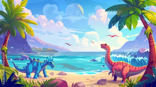 The summer island has dinosaurs near the sea and a tropical ocean background scene. An adventure on seaside shore panorama illustration shows palm trees and brachiosaurus.
