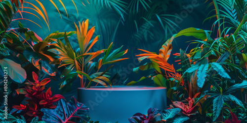 Unique and diverse product display podium, adorned with bright and vibrant tropical colors. Generative AI. photo