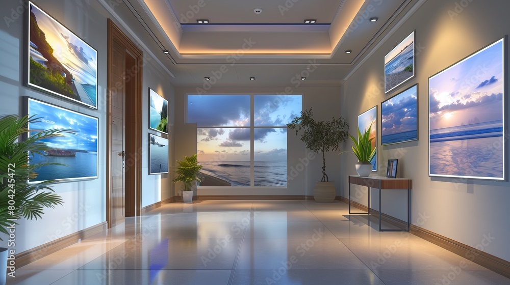A sleek entrance hall with a gallery of interactive digital picture frames A sleek entrance hall with a gallery of interactive digital picture frames