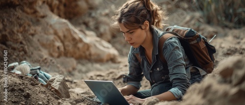 Great archaeologist doing research using a laptop, examining fossil remains, ancient civilization artifacts. A team of historians works on excavation sites. photo