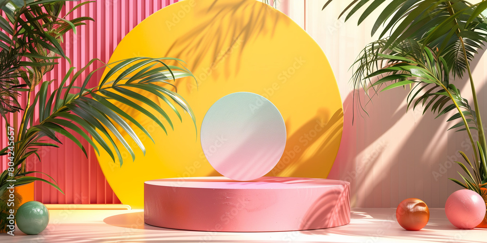 Unique and diverse product display podium, adorned with bright and vibrant tropical colors. Generative AI. Unique and diverse product display podium, adorned with bright and vibrant tropical colors. Generative AI.