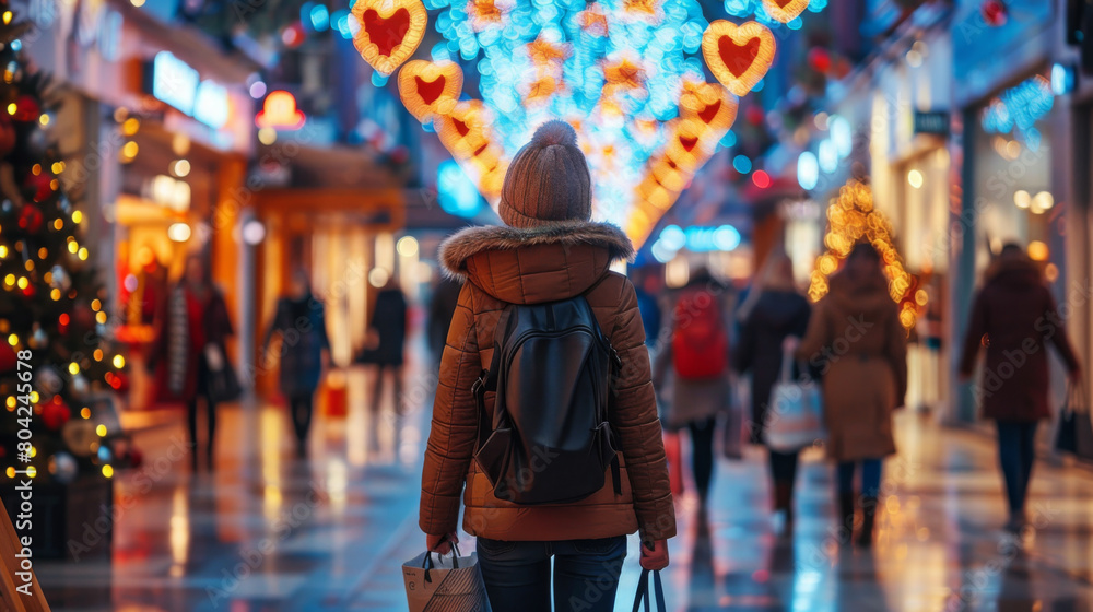 Back view of a young woman shopping in a mall decorated with heart-shaped lights for Christmas.