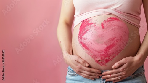 Pink heart painted on pregnant belly. Expressing love and anticipation for the new life. photo
