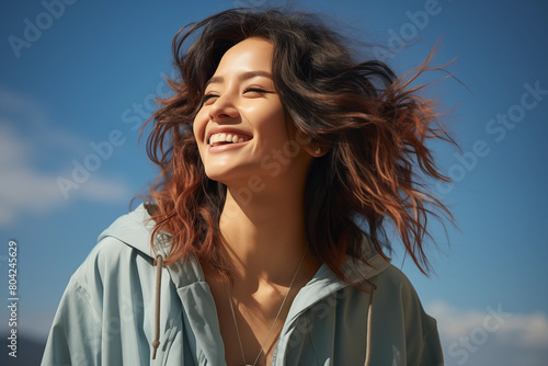 portrait of a woman on sky blue background