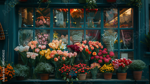  flower shop window overflows with lush  beautifully arranged bouquets