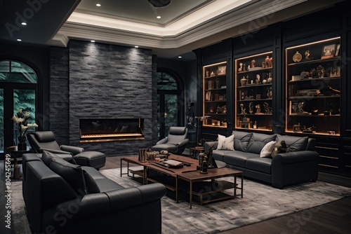 Wallpaper Mural a modern masculine study room. black sofa, dark walls and lighting. luxury interior of a men's office. Torontodigital.ca