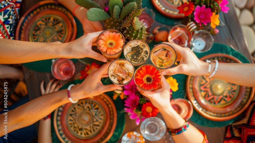Hands of four young people toasting with glasses of tequila over festive table decorated with gerberas and domestic cactuses at party