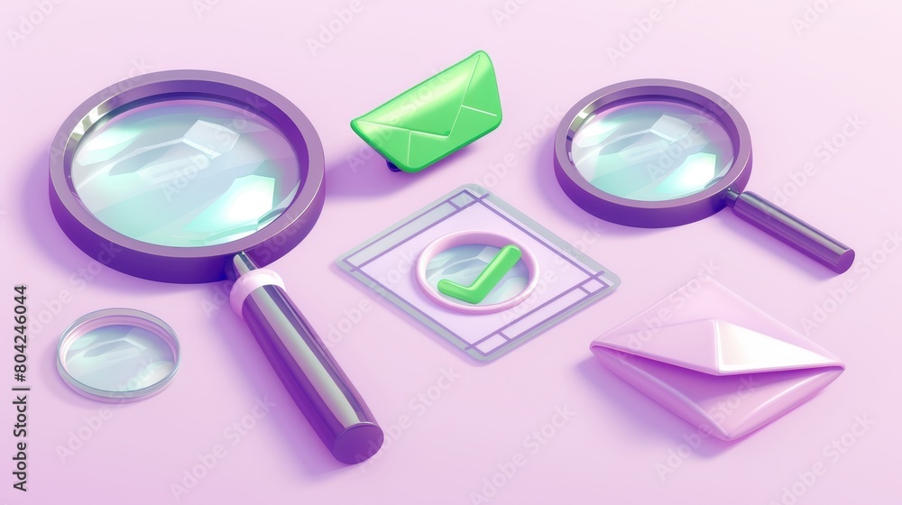 An illustration of a paper plane, a green tick, a statistics diagram seen through a magnifier lens, an illustration of a website's UI design elements. An illustration of a paper plane, a green tick, a statistics diagram seen through a magnifier lens, an illustration of a website's UI design elements.