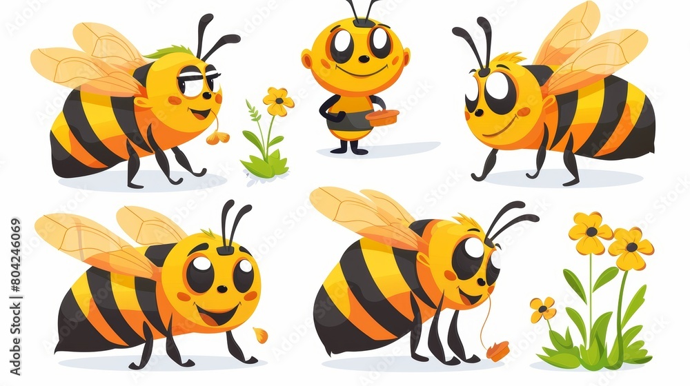An illustration of cute bee characters with a white background. A collection of funny insect mascots, including a honeybee or a bumblebee smiling, a happy bug eating lunch on a flower. An illustration of cute bee characters with a white background. A collection of funny insect mascots, including a honeybee or a bumblebee smiling, a happy bug eating lunch on a flower.