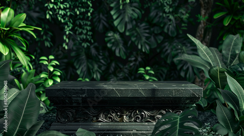 An elegant black stone product display podium, with green tropical leaves in the background. Generative AI. photo