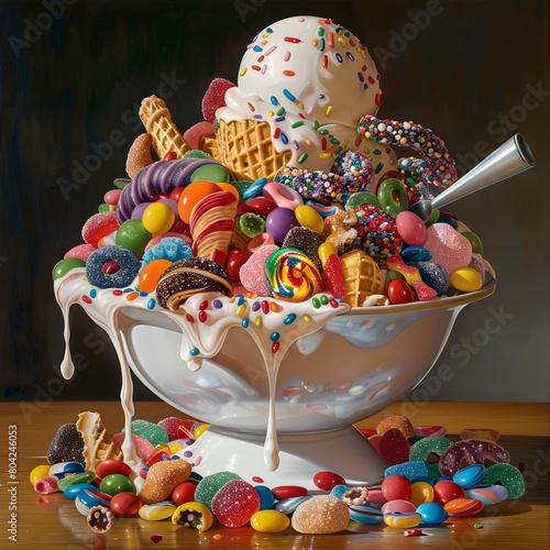 Ice cream served with candies, fresh and delicious, very sweet.