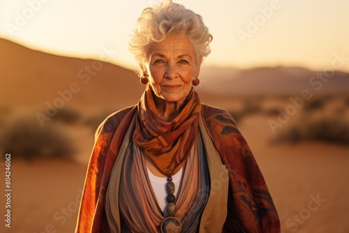 Portrait of a jovial elderly woman in her 90s dressed in a polished vest isolated on backdrop of desert dunes