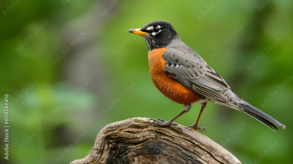 Vibrant close-up image of an American Robin standing on a log, showcasing its striking orange breast and detailed feathers against a blurred green background. Vibrant close-up image of an American Robin standing on a log, showcasing its striking orange breast and detailed feathers against a blurred green background.