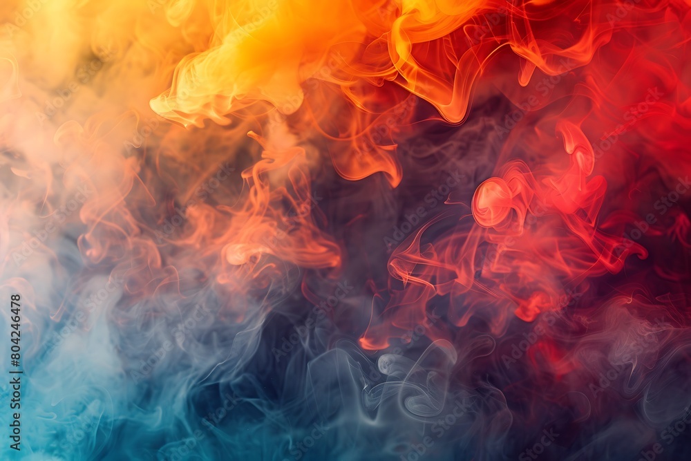 Turbulent smoke, swirling in a vibrant color palette against a stark backdrop.