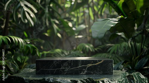 An elegant black stone product display podium, with green tropical leaves in the background. Generative AI.