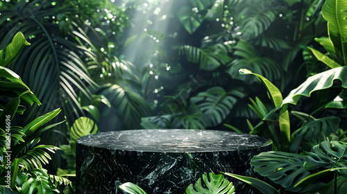 An elegant black stone product display podium, with green tropical leaves in the background. Generative AI.