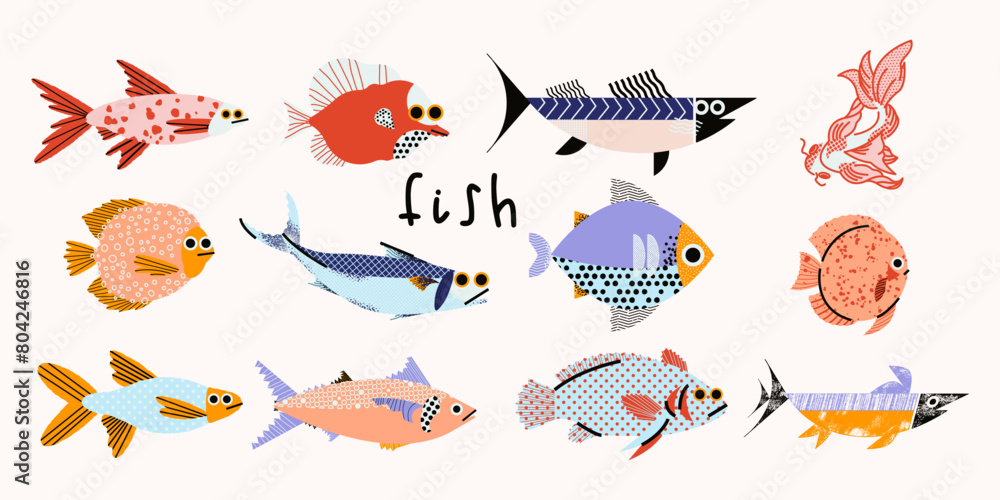 Cute collection of 12 different fish in flat style. Vector set of ...