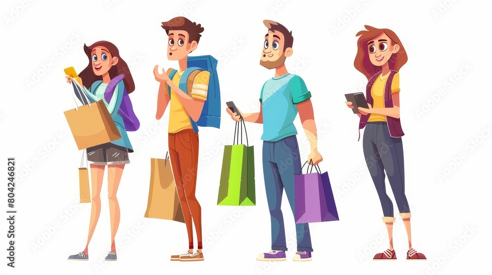 Cartoon modern illustration of a mall buyer carrying paper shopping bags and a woman holding a pouch and talking on her phone. Computer generated illustration of a confused man with lots of packs and Cartoon modern illustration of a mall buyer carrying paper shopping bags and a woman holding a pouch and talking on her phone. Computer generated illustration of a confused man with lots of packs and