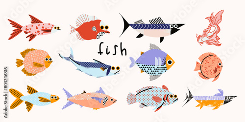 Cute collection of 12 different fish in flat style. Vector set of design elements for print, illustration, postcards