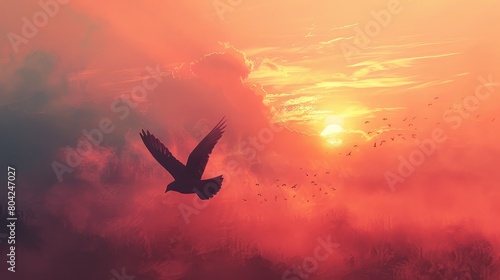 A bird is flying in the sky at sunset