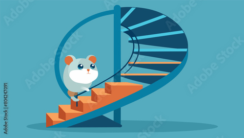 A tiny hamster scurrying up a spiral staircase using its advanced bionic wheel.. Vector illustration