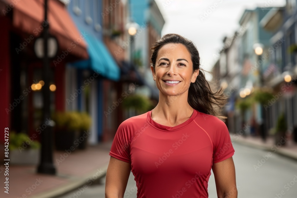 Portrait of a blissful woman in her 40s sporting a breathable mesh jersey while standing against charming small town main street
