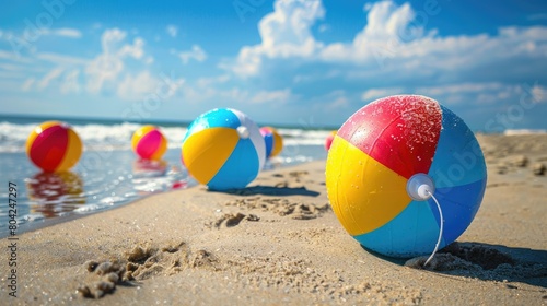 Three colorful beach balls are scattered on the sandy shore  inviting people to enjoy leisure and fun by the water. A perfect scene for a beach event or recreational activity AIG50