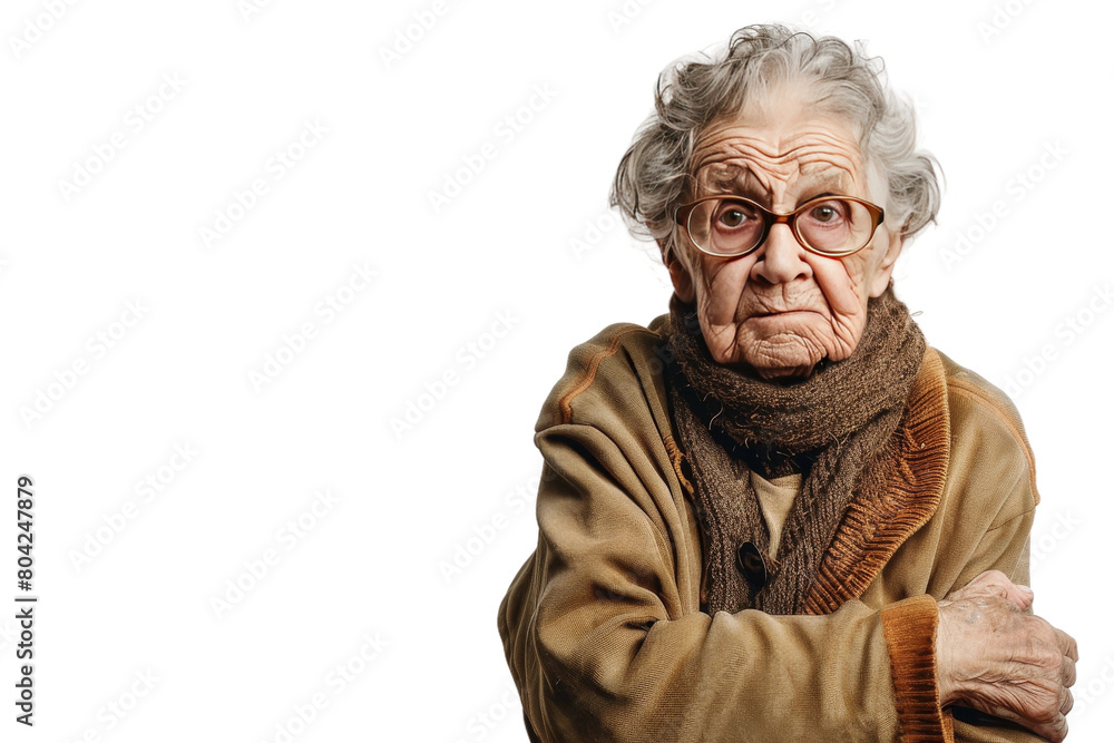 Aging Woman with Distant Expression On Transparent Background.
