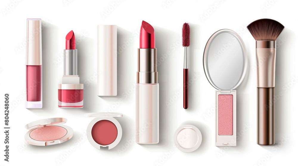 Illustration of 3D lipstick, powder box with mirror and brush, lip gloss bottle, deodorant, beauty cosmetics, skin care collection isolated on white background. Illustration of 3D lipstick, powder box with mirror and brush, lip gloss bottle, deodorant, beauty cosmetics, skin care collection isolated on white background.
