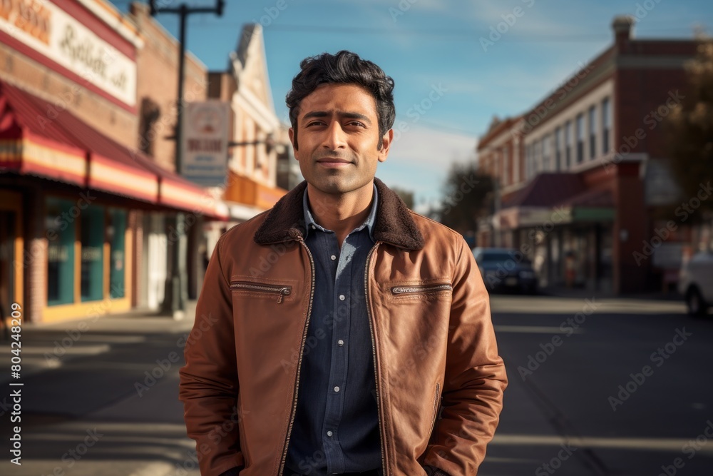 Portrait of a happy indian man in his 40s sporting a stylish varsity jacket in charming small town main street Portrait of a happy indian man in his 40s sporting a stylish varsity jacket in charming small town main street