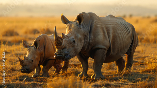 A family of rhinoceroses, including a baby, walking together in a golden sunset light across the savannah.