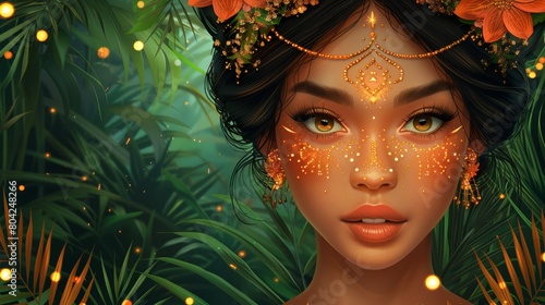 Portrait of an Indonesian woman wearing traditional Balinese cultural clothing dress with lots of gold ornaments or props. Green jungle background. Ethnic traditional costume. Illustration