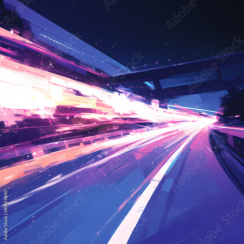 Brightly lit city highway at night with vibrant motion trail capturing the fast-paced urban life experience