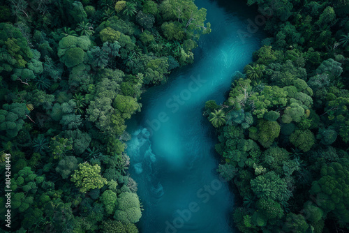 Aerial view of a blue river passing through dense rainforest