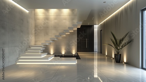A sleek foyer with a floating staircase and recessed LED lighting accents photo