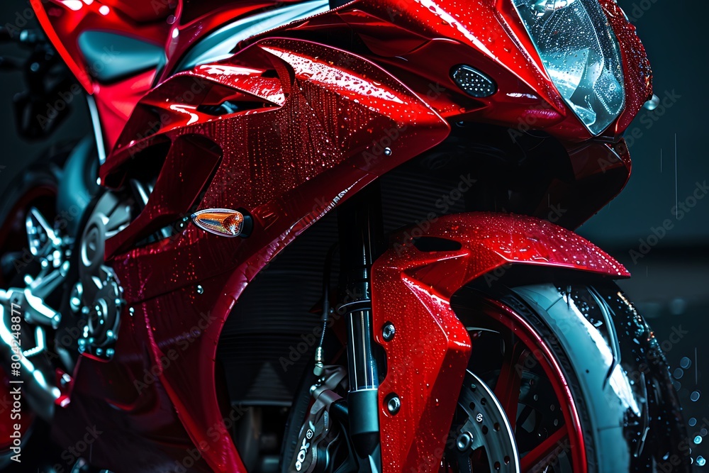 A close-up of a sports bike's glossy red paint, gleaming under studio lighting.
