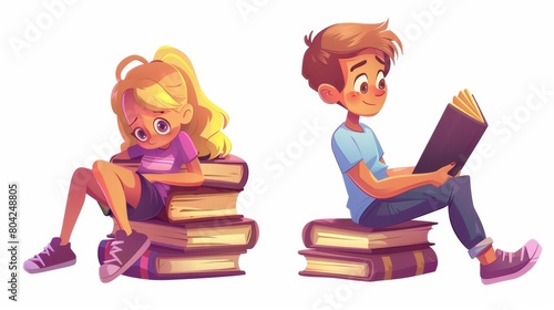 Several cartoon modern illustrations of cute children reading books in the library or at home. Illustration set with a boy lying on the floor with a textbook and a girl sitting on a big stack of
