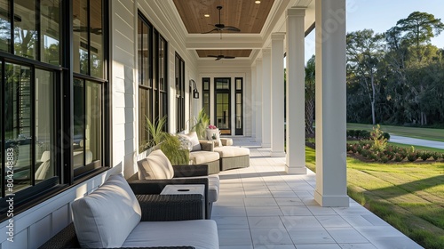 A sleek front porch with designer furniture and a seamless indoor-outdoor transition