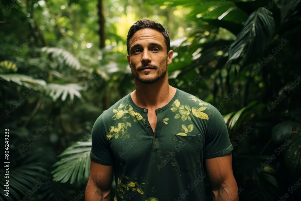 Portrait of a blissful man in his 30s donning a trendy cropped top on lush tropical rainforest Portrait of a blissful man in his 30s donning a trendy cropped top on lush tropical rainforest
