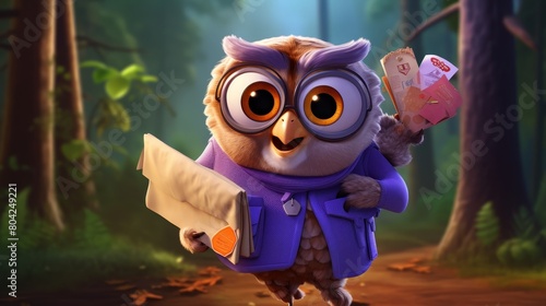 A cartoon owl is holding a letter and a card