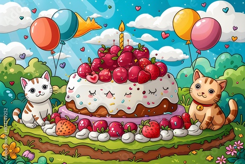 Fondo de pantalla de feliz cumpleaños con lindos gatos. Feliz cumple. Felicidades en tu cumpleaños.