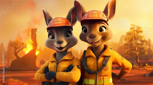 Two cartoon characters wearing yellow and orange safety gear pose for a picture