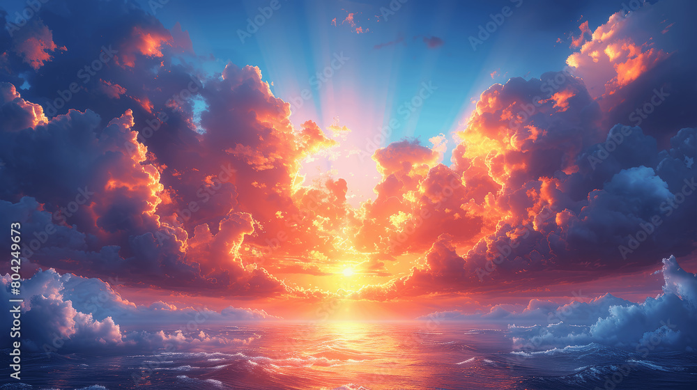 Sweeping Rainbow Over Tranquil Blue Sky and Fluffy Clouds Anime-Style Landscape
