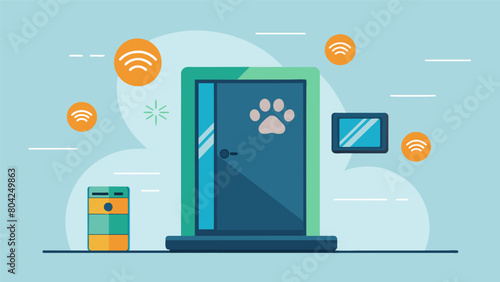 This stateoftheart pet door uses biometric technology to only grant entry to the furry family members that have been preapproved.. Vector illustration