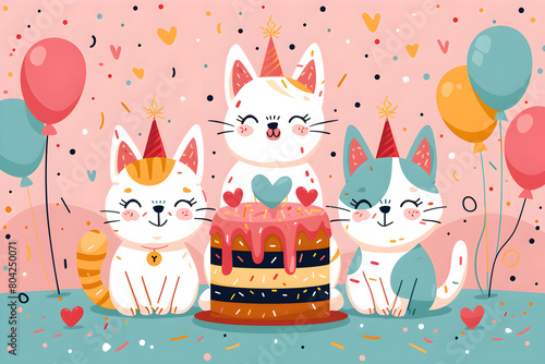 Fondo de pantalla de feliz cumpleaños con lindos gatos. Feliz cumple. Felicidades en tu cumpleaños.