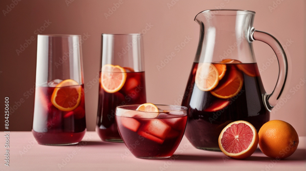 Jug and glasses full of easy traditional red sangria on the table Jug and glasses full of easy traditional red sangria on the table