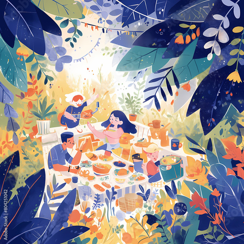 A vibrant watercolor illustration of a cheerful family and friends enjoying an outdoor meal together under the canopy of nature.