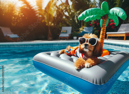 Ein witziger  Hund m it Sonnenbrille liegt auf einer Luftmatratze mit Palme entspannt in einem Swimmingpool in der Sonne © sweasy