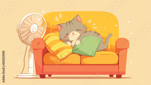 Cute cat with pillow and electric fan heater on sof