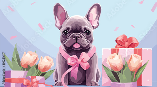 Cute French bulldog with tulips and gifts on lilac